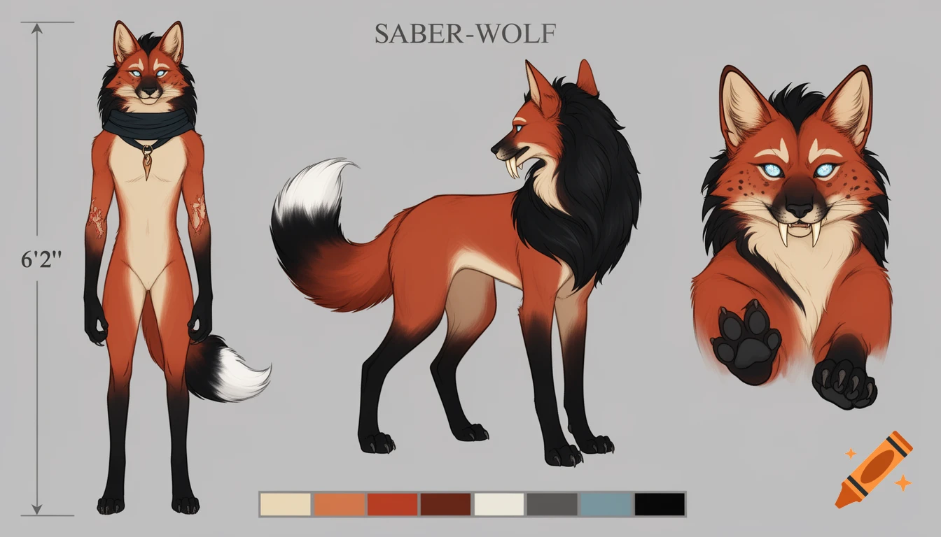 A stylized reference sheet for a saber-wolf character, showing a full front view, side profile, and a close-up of its head and paw. The character is a tall, lanky anthropomorphic creature with rusty red-orange fur, black mane, and saber teeth.