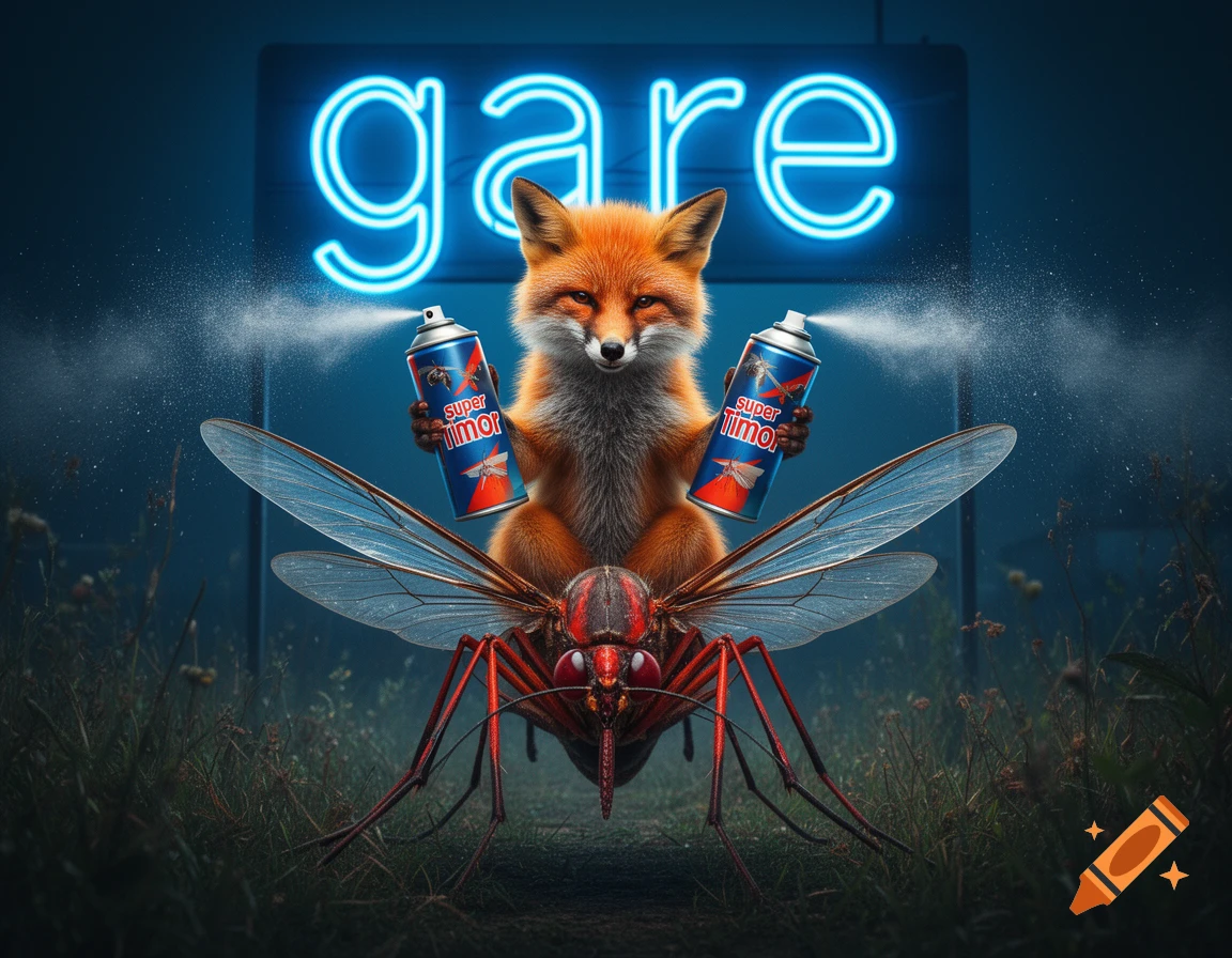 A red fox rides a giant red mosquito, holding two 'SUPER TIMOR' insecticide cans under a glowing blue neon 'gare' sign.