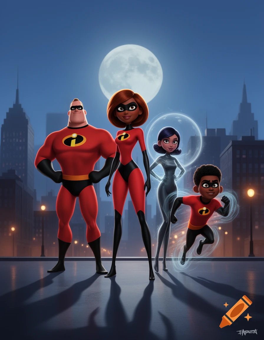 Cartoon illustration of a dark-skinned Incredibles family standing in superhero poses against a cityscape at night with a full moon.