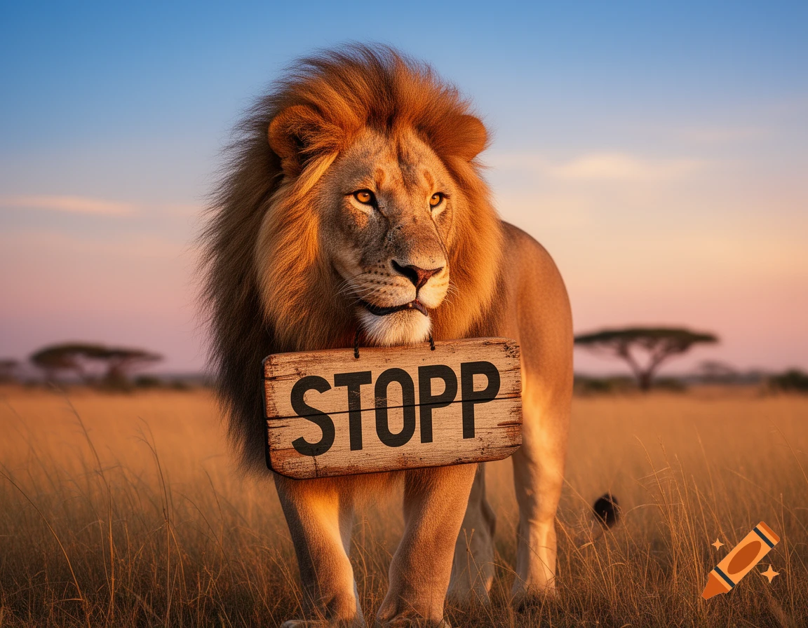 A photorealistic lion stands in a golden savanna at sunset, holding a wooden sign that reads 'STOPP'.