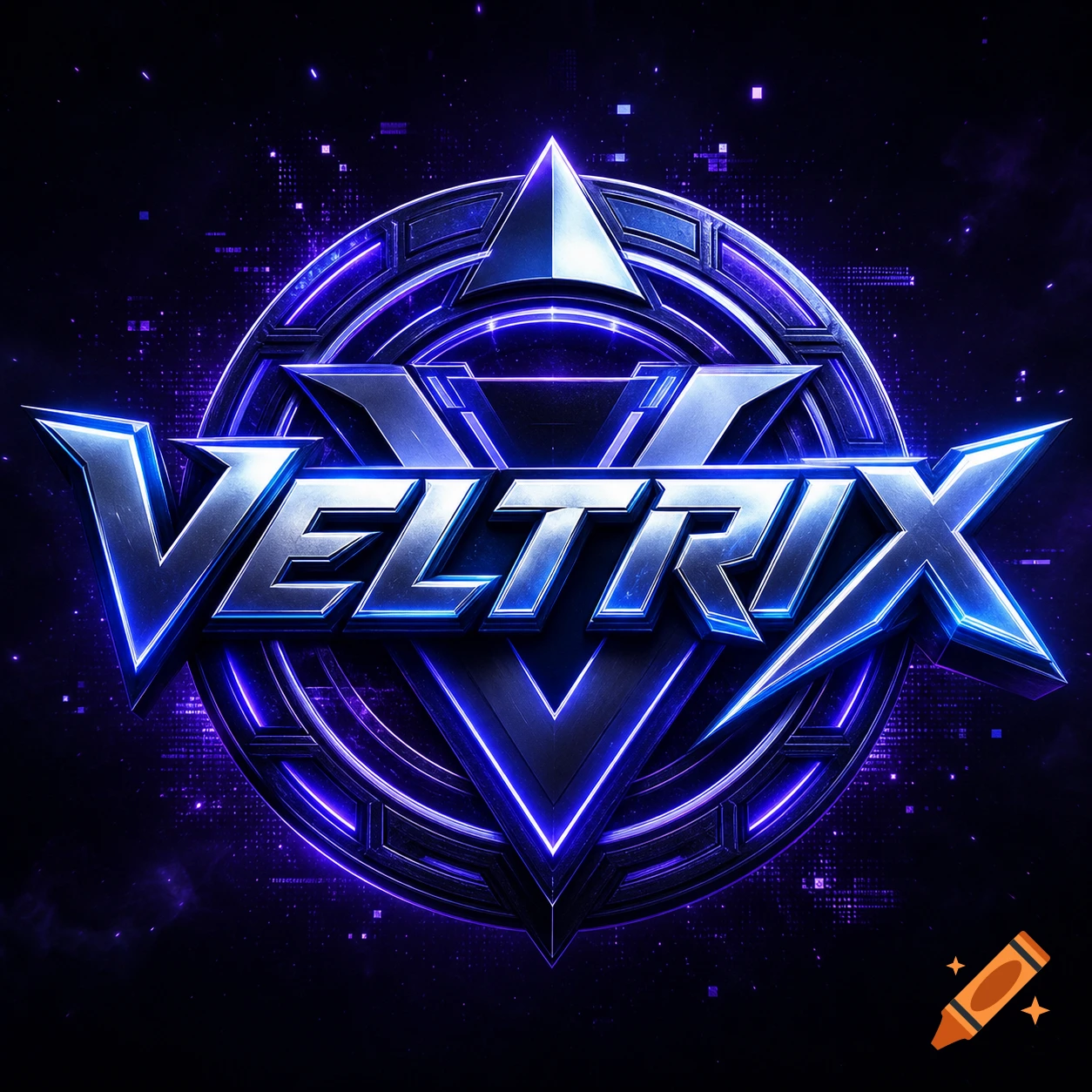 A futuristic metallic blue and purple logo for "VELTRIX" with a central star and glowing geometric patterns on a dark background.