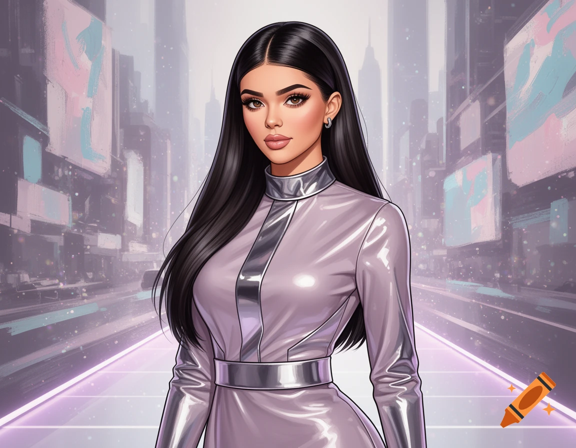 Animated portrait of a woman with long dark hair in a futuristic silver and lavender outfit, standing in a cyberpunk city.