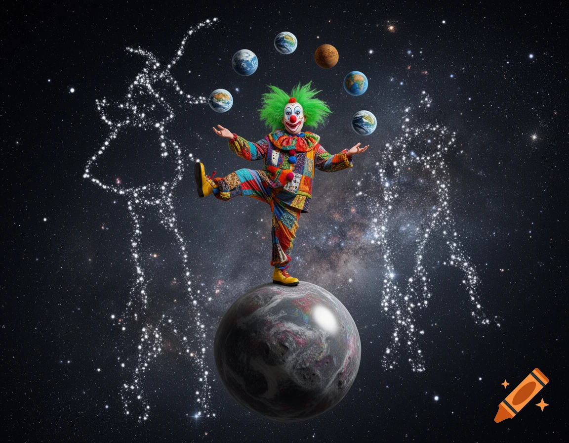 A vibrant clown with green hair and a colorful patched outfit balances on a planet, juggling smaller planets in a starry cosmos with subtle clown-shaped constellations.