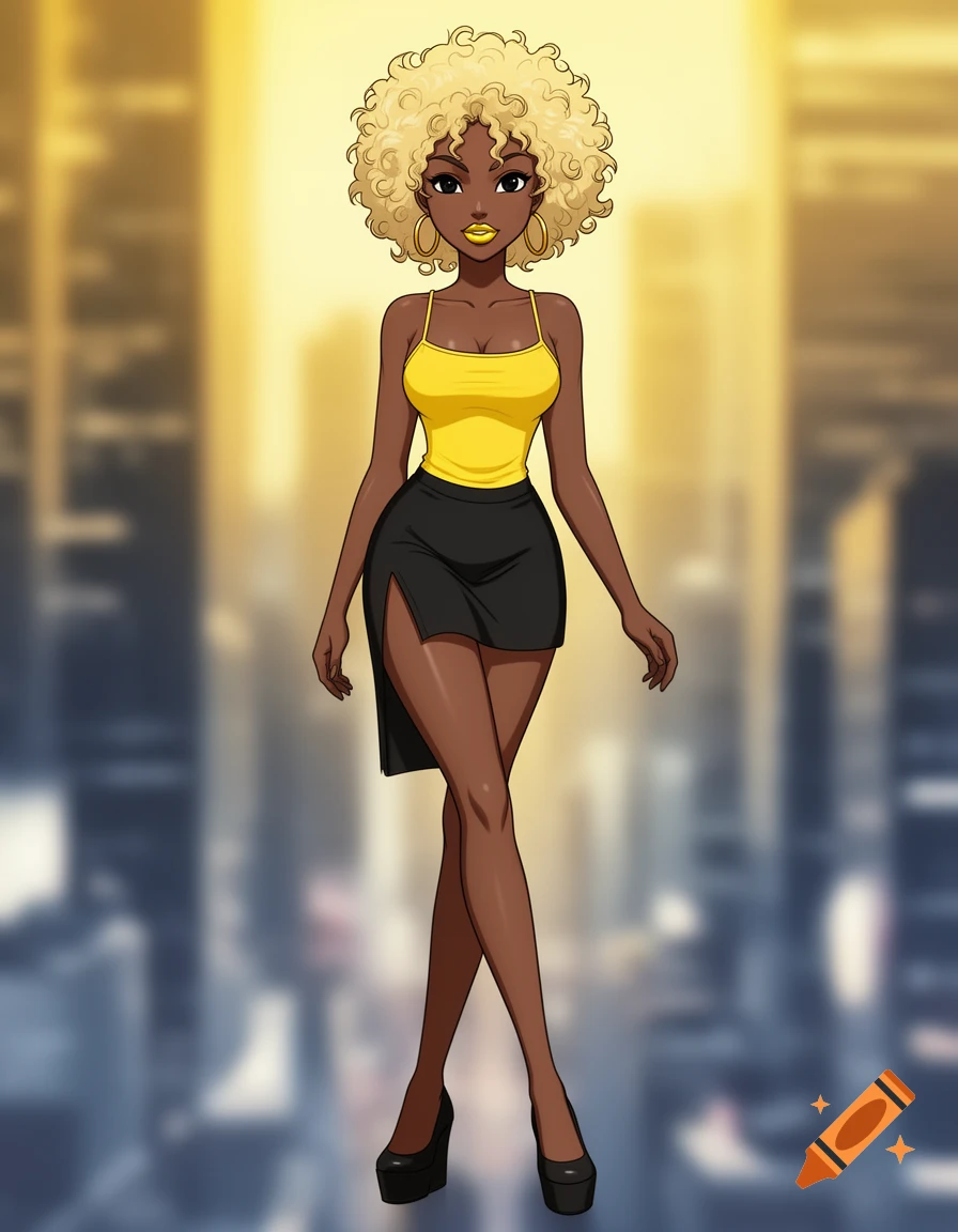 Anime-style African American woman with blonde afro, dark skin, yellow tank top, black skirt, and wedge heels, standing against a blurred city background.