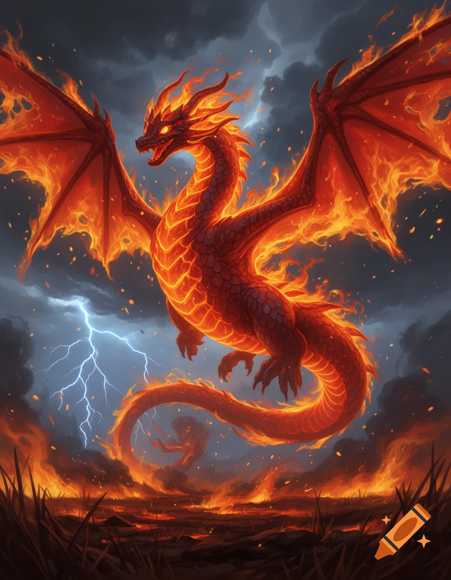 A powerful, fiery red dragon with large wings flies through a stormy, lightning-filled sky above a blazing, burning landscape.