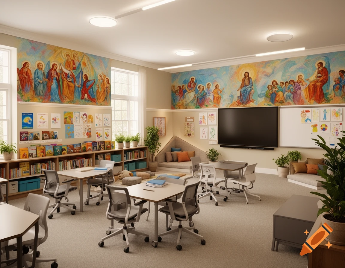 An inviting, modern classroom with colorful religious murals, flexible tables and chairs, bookshelves, a smartboard, and a cozy reading nook.