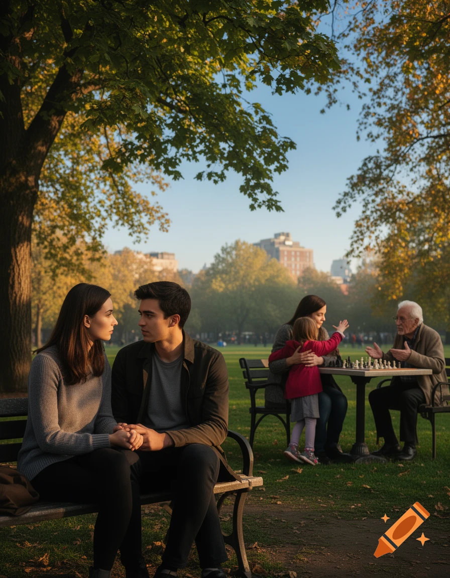 A photorealistic image of a sunny park with people. A couple sits on a bench, holding hands. In the background, a woman with a child watches an older man play chess.
