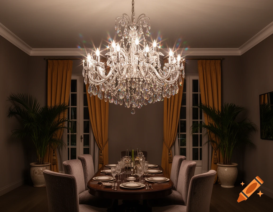 A grand crystal chandelier illuminates a chic dining room with a set table, orange curtains, and potted plants.