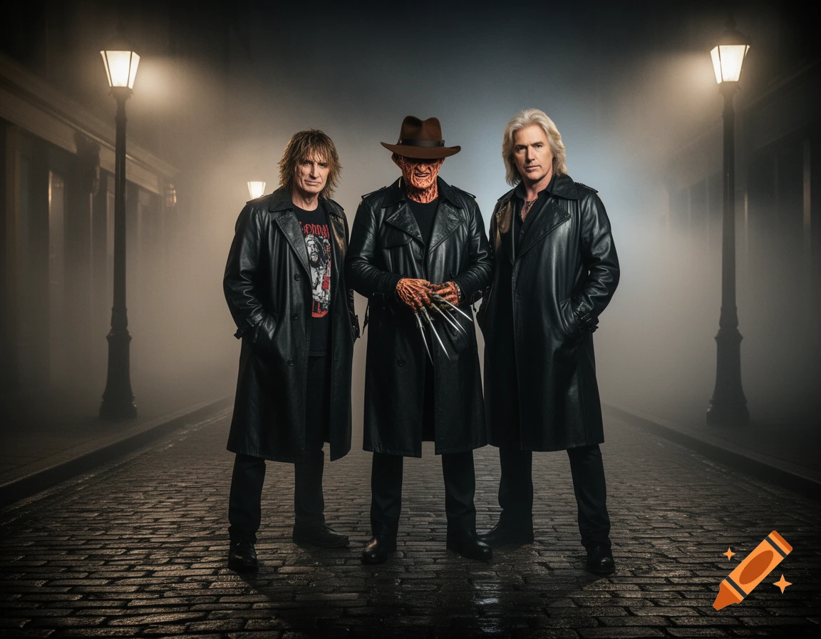 Three men, including Freddy Krueger, in black leather trenchcoats stand on a foggy cobblestone street at night under lamplights.