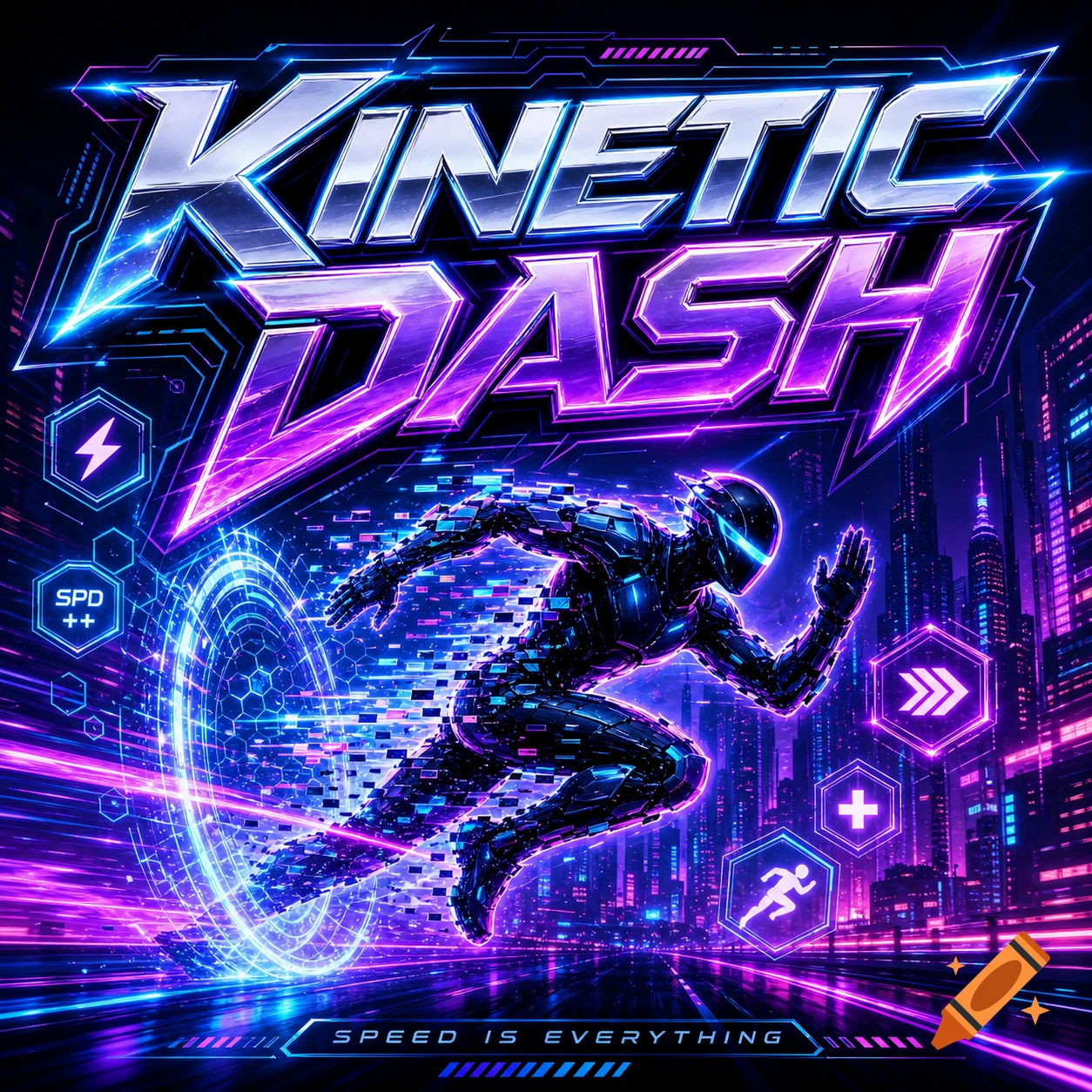 Cyberpunk game logo for Kinetic Dash, featuring a futuristic runner speeding through a neon city, with text 'SPEED IS EVERYTHING'.