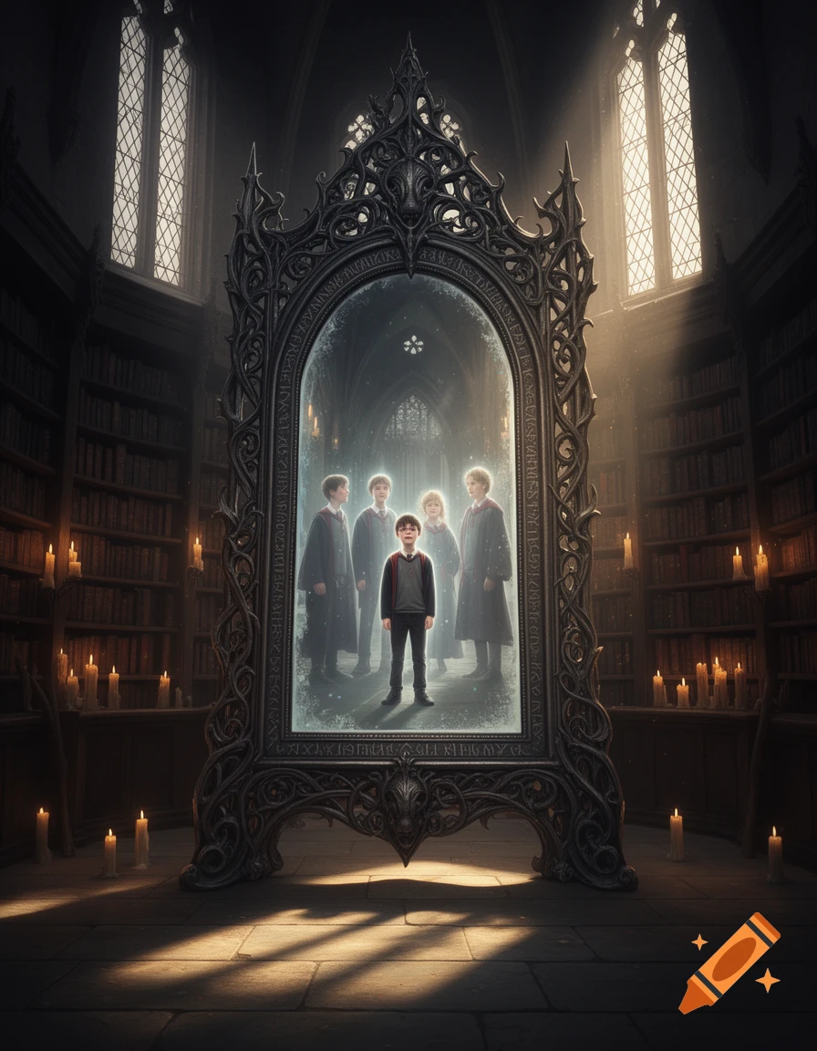 A young Harry Potter looks into the ornate Mirror of Erised, revealing ghostly figures behind him in a grand, candlelit hall.