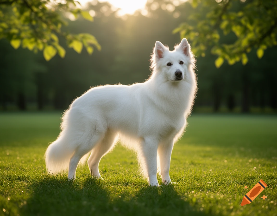 A majestic white fluffy dog stands in a sun-drenched green park, back-lit by golden hour sunlight filtering through trees.