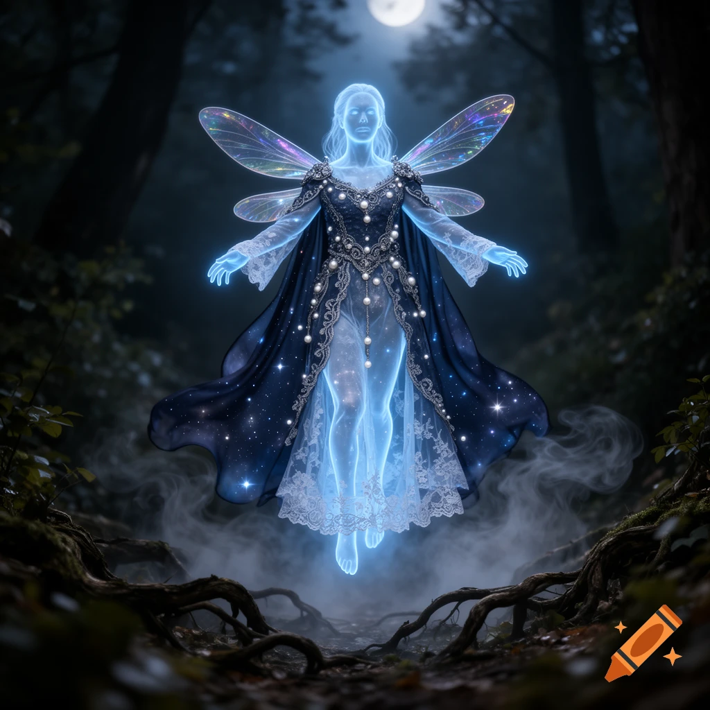 A glowing ethereal fairy-like figure with iridescent wings floats in a dark, misty forest under a full moon, above gnarled roots.