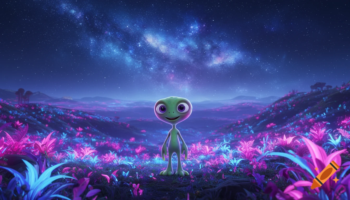 A cute green cartoon alien with big purple eyes stands smiling in a vibrant alien landscape with glowing pink and blue plants under a starry galaxy sky.