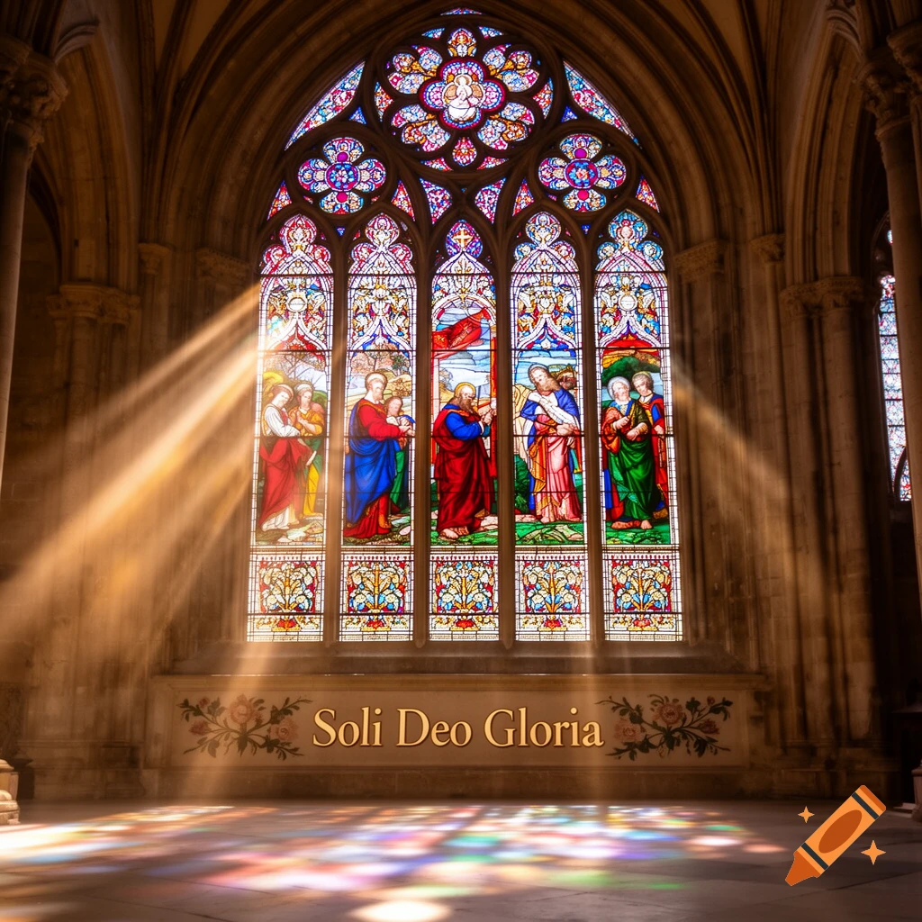 Sunlight streams through an ornate church stained glass window, illuminating religious figures, 'Soli Deo Gloria' text, and colorful patterns on the floor.