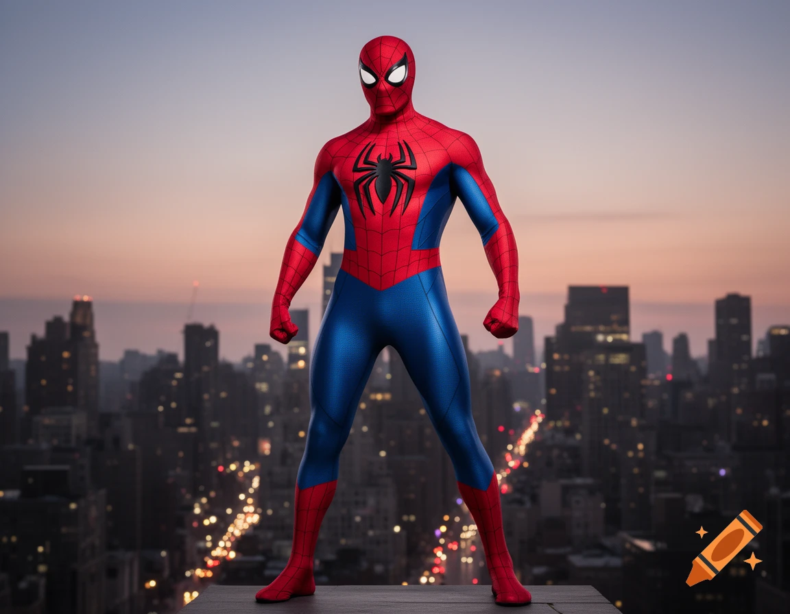 Photorealistic Spider-Man stands on a rooftop overlooking a city skyline at sunset.