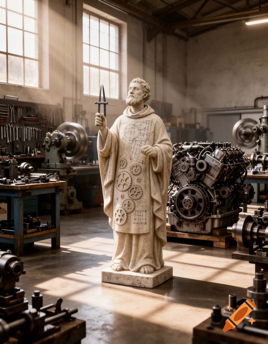 A stone statue of a bearded man in a robe holding a caliper stands in a sunlit workshop filled with machinery and tools. Technical drawings and gears are carved into the statue's robe.