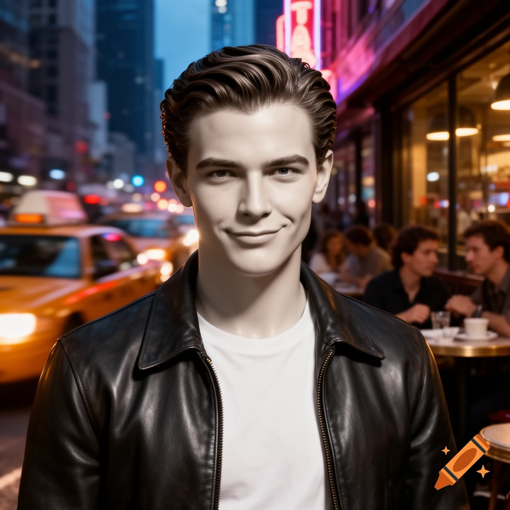 A handsome young man in a leather jacket smiles on a busy city street at night with taxis and a cafe in the background.