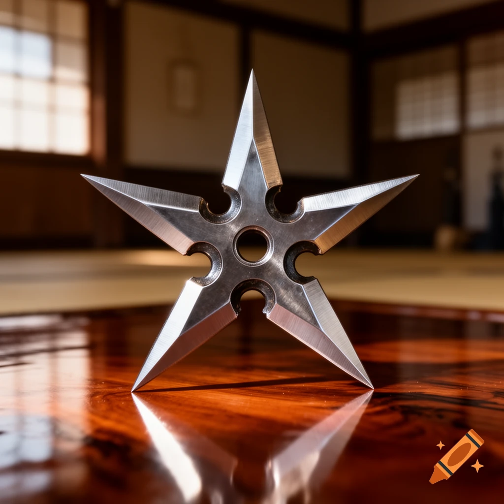A sharp, metallic silver shuriken stands upright on a highly polished, reddish-brown wooden surface, reflecting light. A traditional Japanese room is blurred in the background.