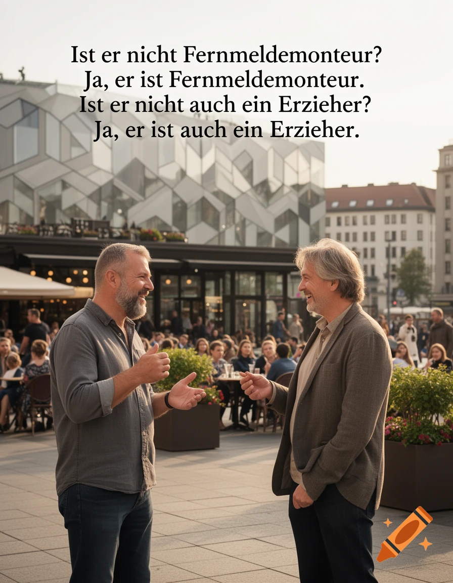 Two men converse in an urban square with an outdoor cafe and a modern building, overlaid with German text.