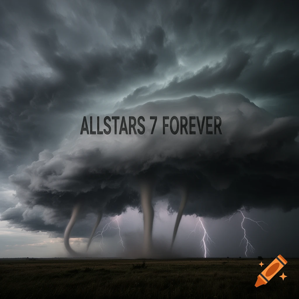 A photorealistic image of a dramatic stormy sky with multiple tornadoes and lightning over a field. "ALLSTARS 7 FOREVER" is in the clouds.