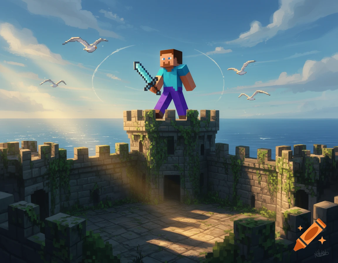 Minecraft character Steve stands on a moss-covered castle wall overlooking a calm ocean under a partly cloudy sky with gulls flying.