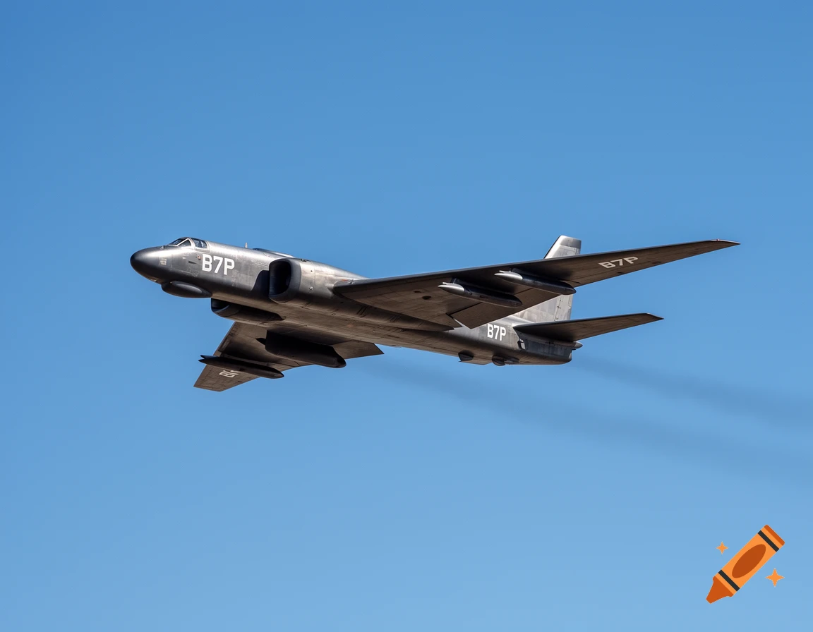 A dark grey bomber aircraft with 'B7P' text on its body and wings flies through a clear blue sky, viewed from below.