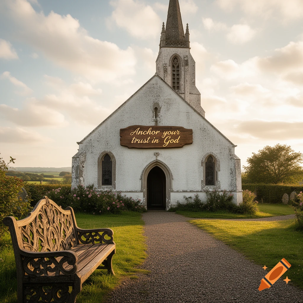 Photorealistic image of a white church with a steeple and a sign "Anchor your trust in God", a wooden bench, path, and green landscape.