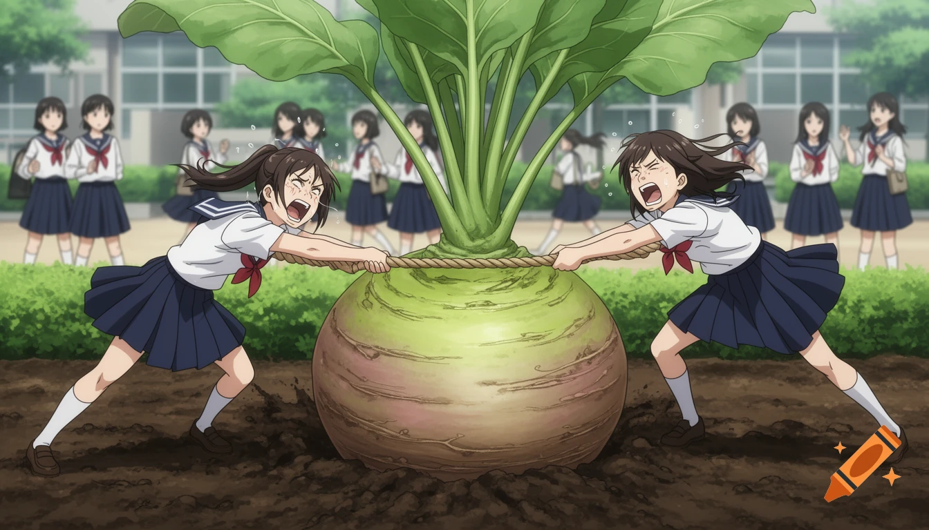 Two anime schoolgirls struggle in a tug-of-war with a colossal turnip in a school garden, watched by other students.