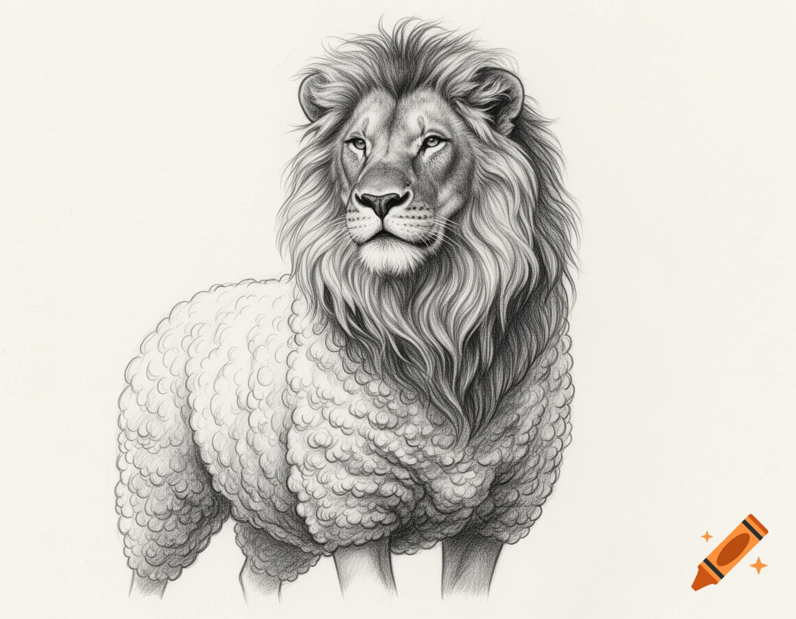 A detailed pencil drawing of a creature with a regal lion's head and a body covered in fluffy sheep's wool, looking forward.