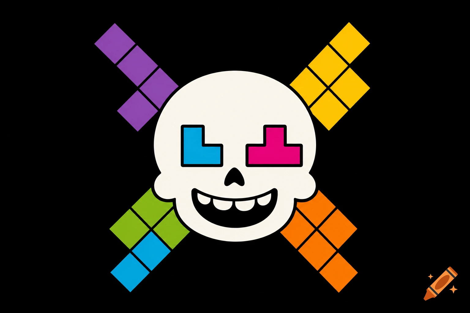 A cartoon skull with a wide smile and Tetris-block eyes, flanked by colorful Tetris-block crossbones on a black background.
