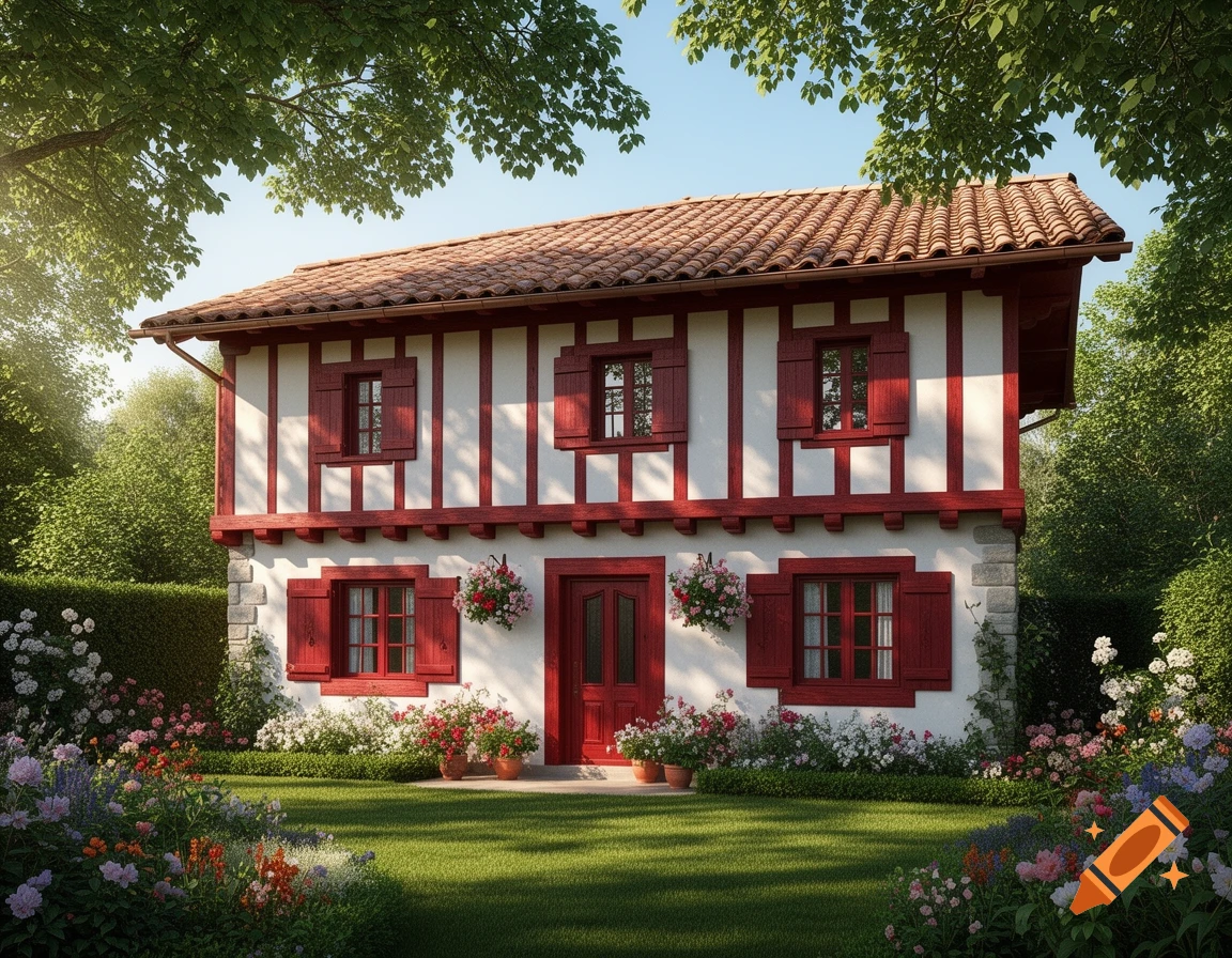 A charming Basque-style house with white walls, red timber frames, and red shutters, nestled in a vibrant garden with colorful flowers and a green lawn.