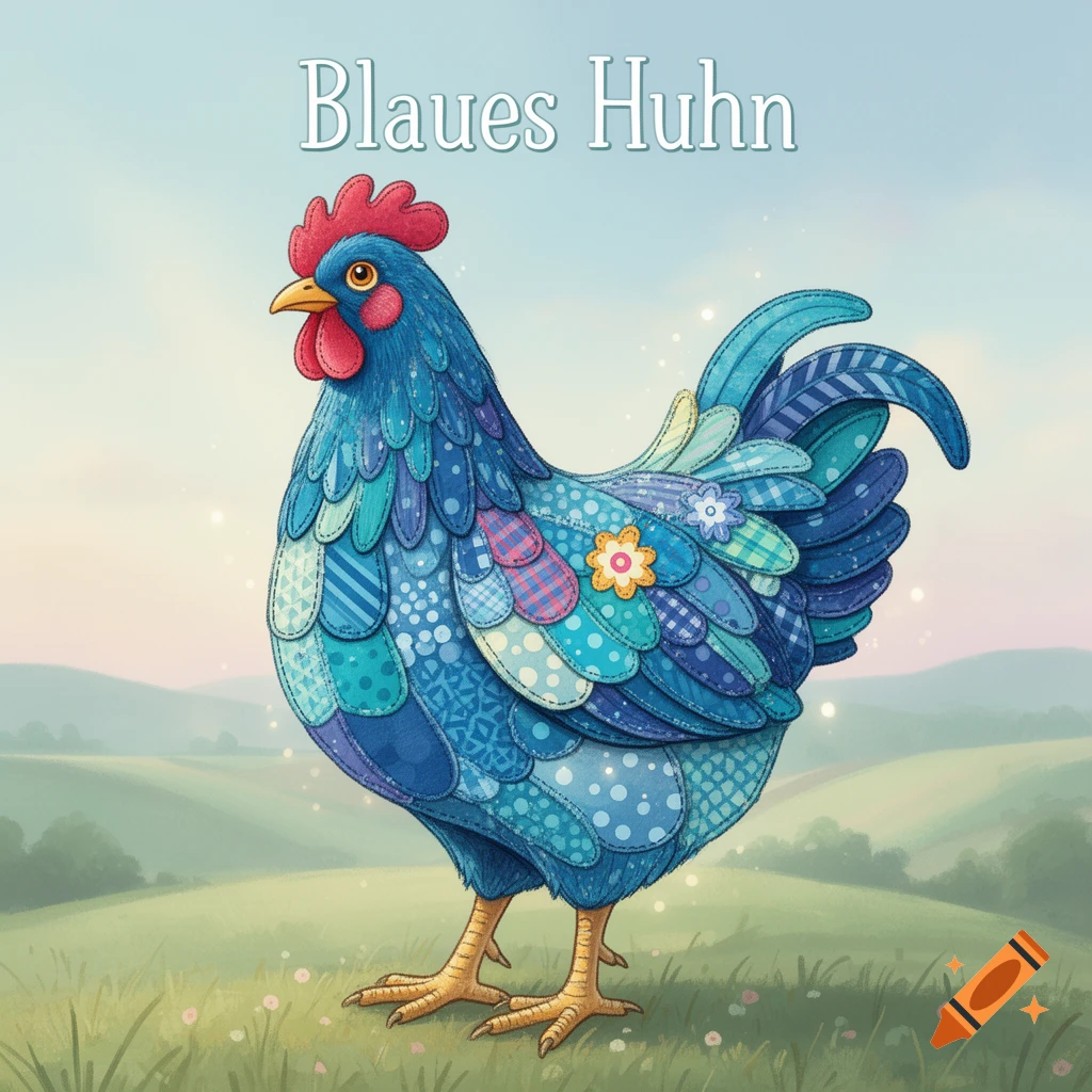 A whimsical blue patchwork chicken with a red comb stands in a green field under a clear sky, with "Blaues Huhn" text.