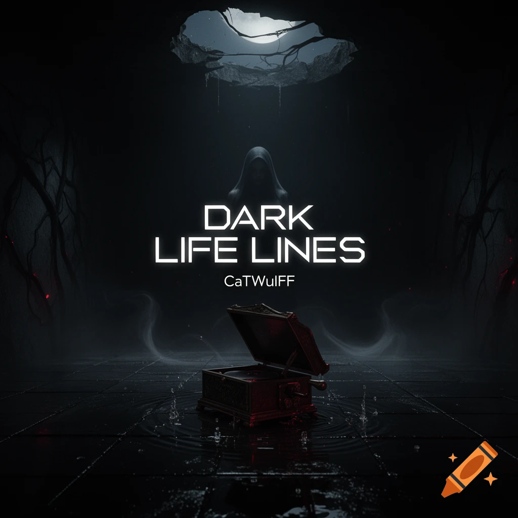 Dark cinematic album cover with 'DARK LIFE LINES' text, a hooded figure, an open antique music box on a wet floor, and subtle water reflections.
