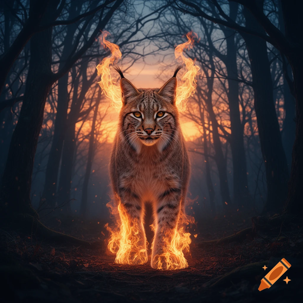 A majestic lynx with glowing orange eyes stands in a dark forest, its paws and head crowned with bright flames at sunset.