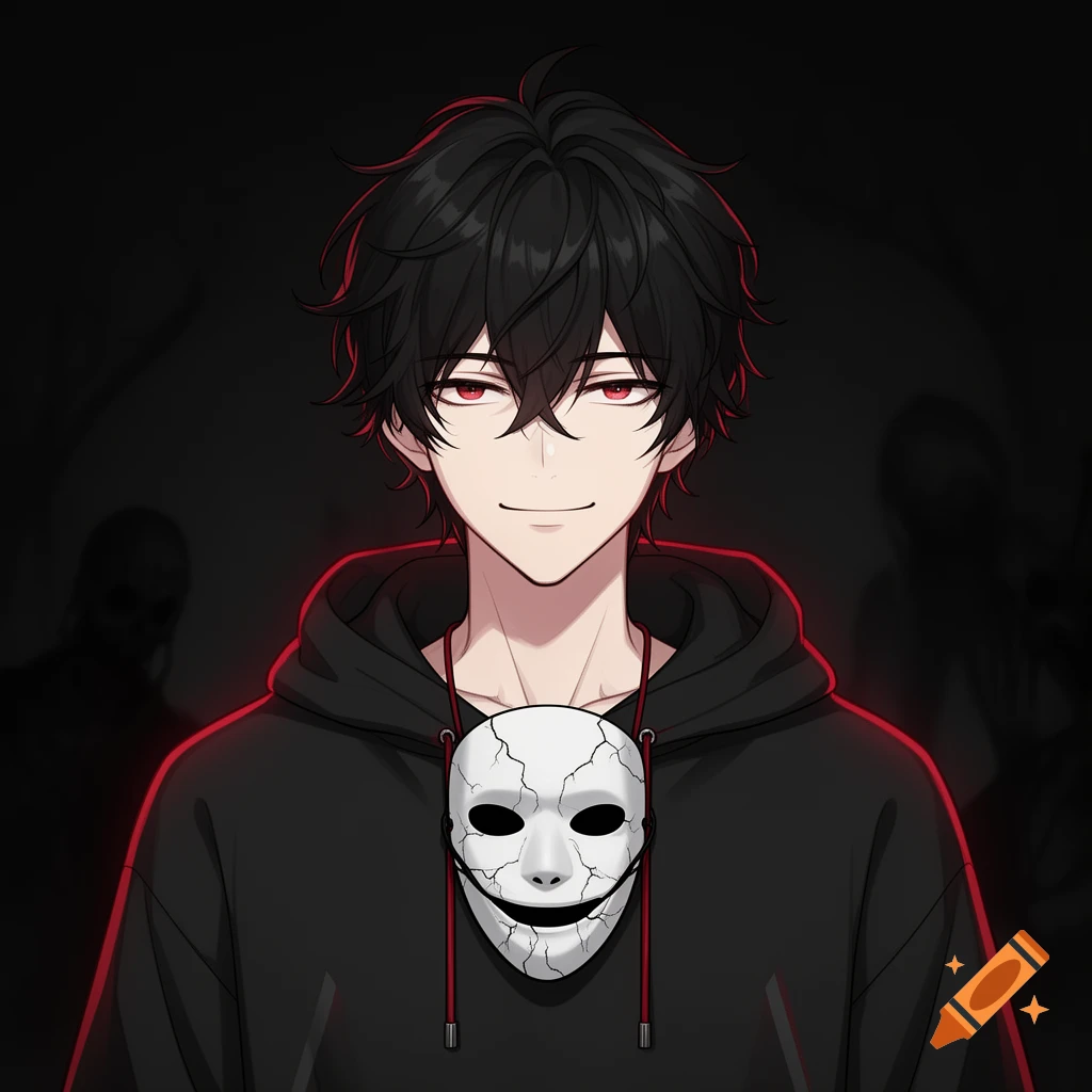 Anime man with black hair, red eyes, smirk, black hoodie, and cracked white mask around his neck. Dark background with shadowy figures.