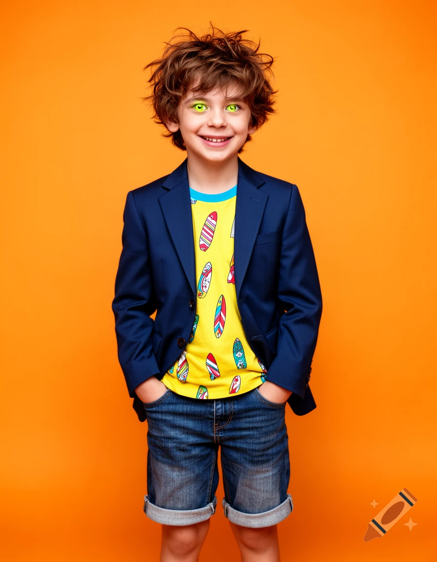 A young boy with messy brown hair and bright greenish-yellow eyes smiles, wearing a navy blue blazer over a yellow t-shirt with surfboard patterns and cuffed denim shorts, with his hands in his pockets, against an orange background.