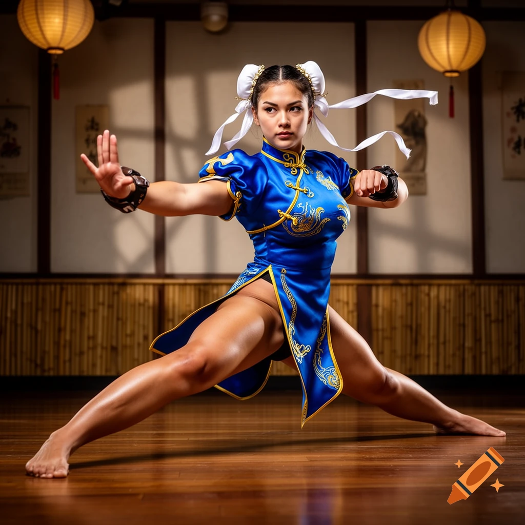 A photorealistic depiction of Chun-Li in her blue cheongsam, performing a wide martial arts split pose in a dojo setting.