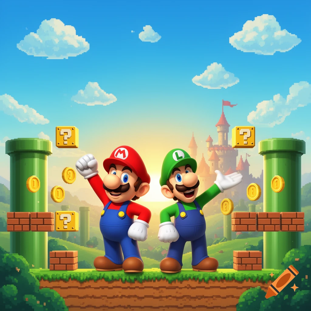 Joyful Mario and Luigi in a vibrant Super Mario Bros. landscape with pipes, blocks, coins, and a distant castle.