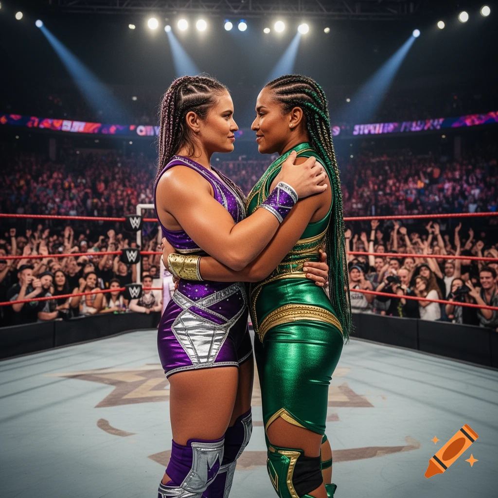 Two female wrestlers, one in purple and one in green, hug in a brightly lit wrestling ring before a cheering crowd.