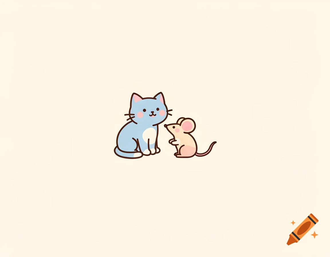 A cute light blue cartoon cat sits next to a small beige cartoon mouse on a plain background.