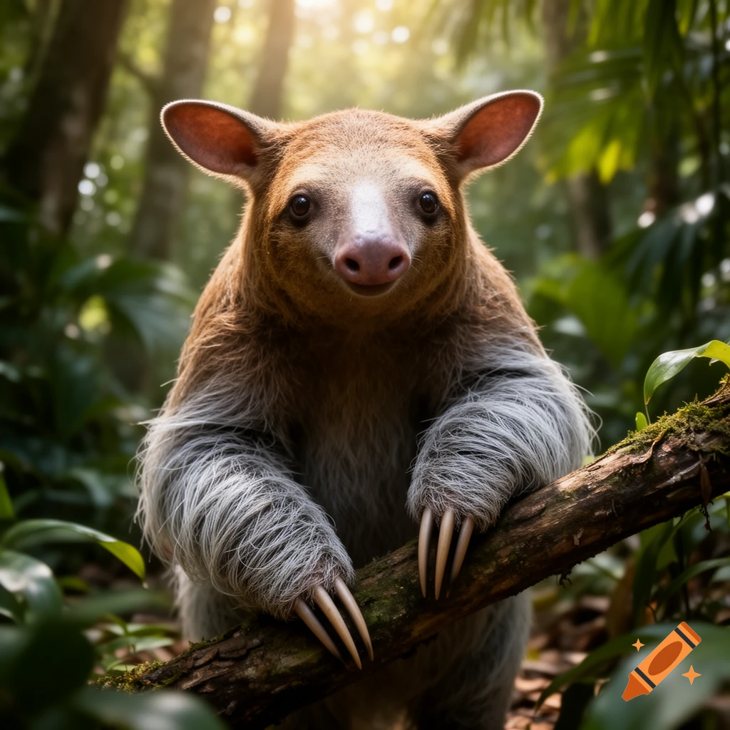 A photorealistic hybrid aardvark-sloth with shaggy fur and long claws holds a mossy branch in a sunlit jungle.