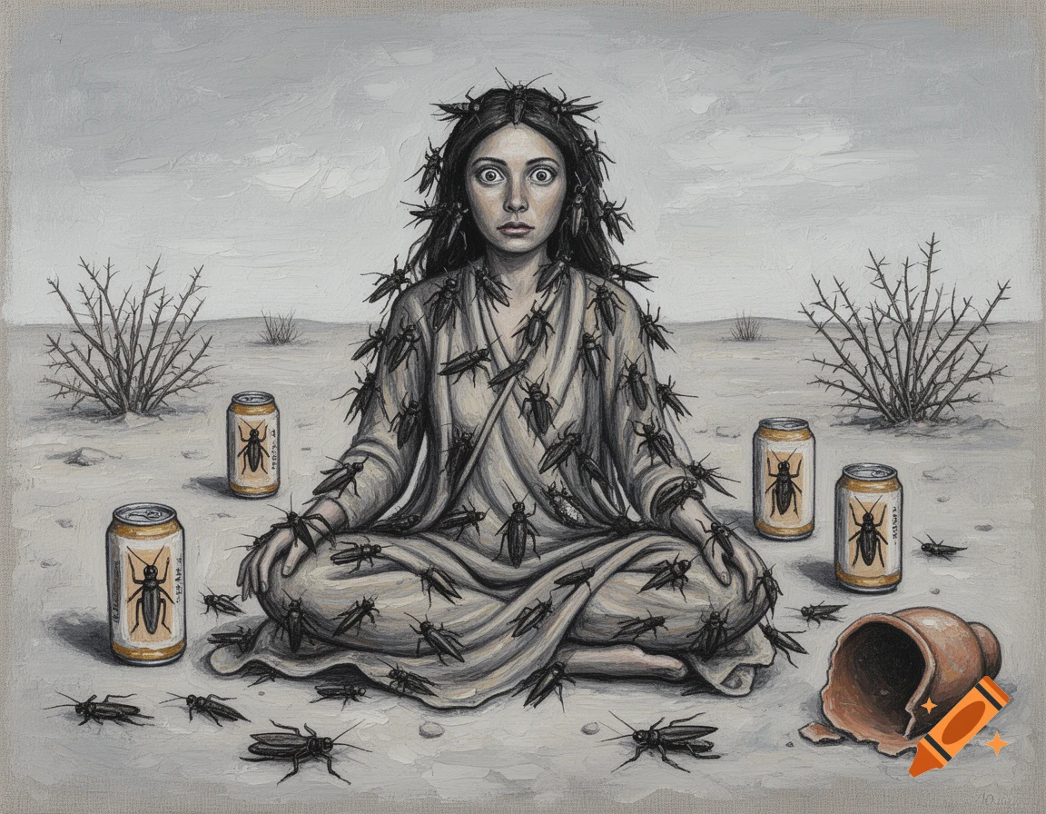 Art Brut painting of a wide-eyed woman covered in locusts, sitting cross-legged in a desert landscape with thorny bushes, several cans, and a broken pot.