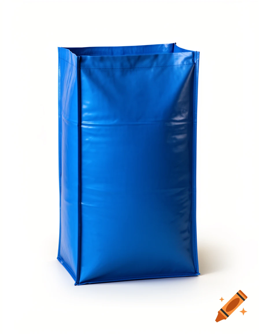 A blue polyethylene block bottom sack stands upright on a white background, looking rectangular.