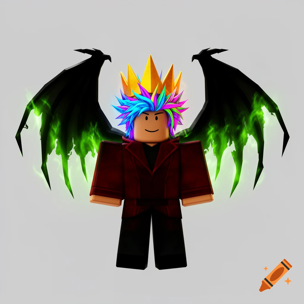A stylized Roblox-inspired character with neon hair, a golden crown, and black wings with green fiery edges on a gray background.