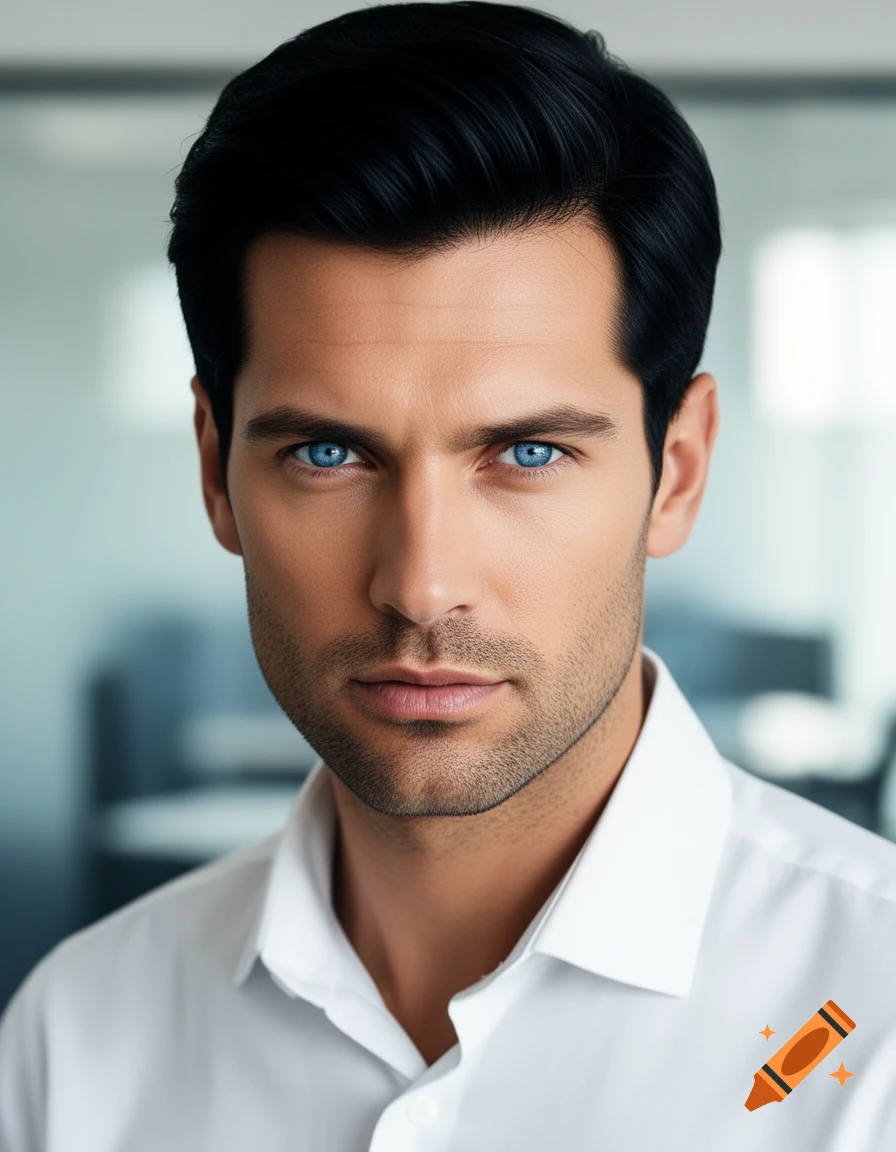 Photorealistic close-up portrait of a man with black hair and bright blue eyes, wearing a white collared shirt.