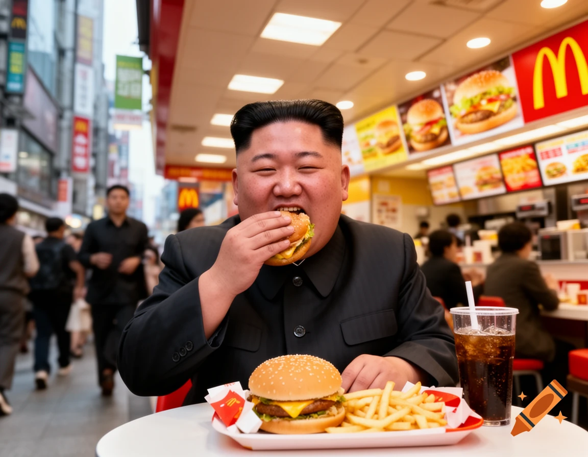 Kim Jong-un sits in a McDonald's restaurant, happily eating a burger, with another burger, fries, and a drink on the table in front of him. Photorealistic style.