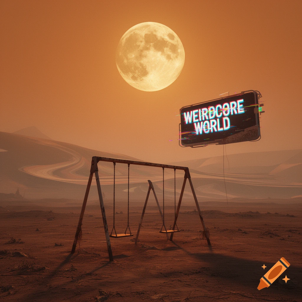 A desolate, orange-toned landscape with a rusty swing set under a large moon, and a glitching sign reading 'WEIRDCORE WORLD' floating in the sky.
