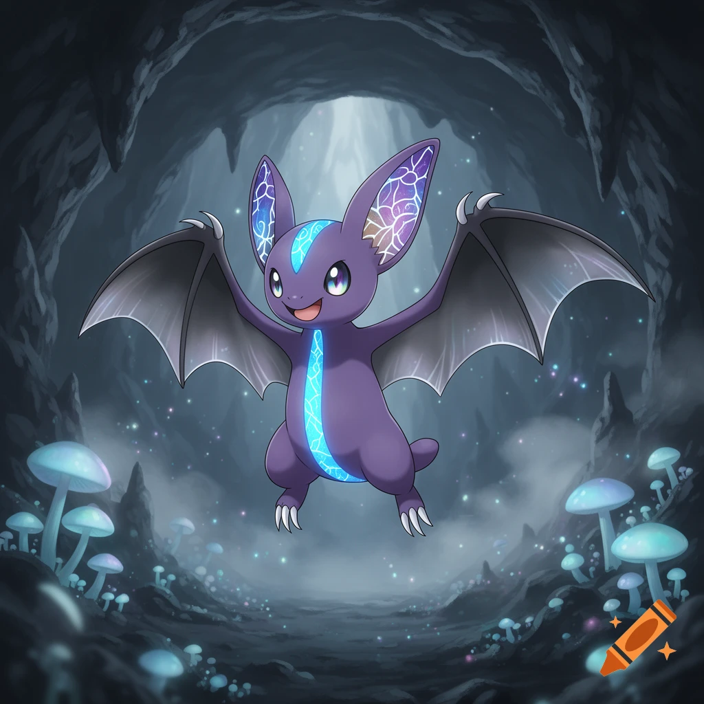A cute purple bat-like Pokemon with glowing blue markings flies in a dark cave lit by glowing blue mushrooms.