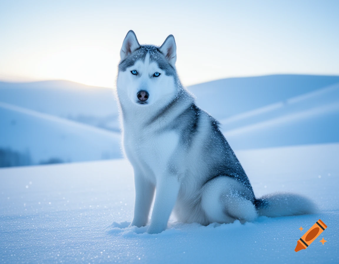 A photorealistic husky dog with blue eyes sits in a snowy, blue-tinted winter landscape.